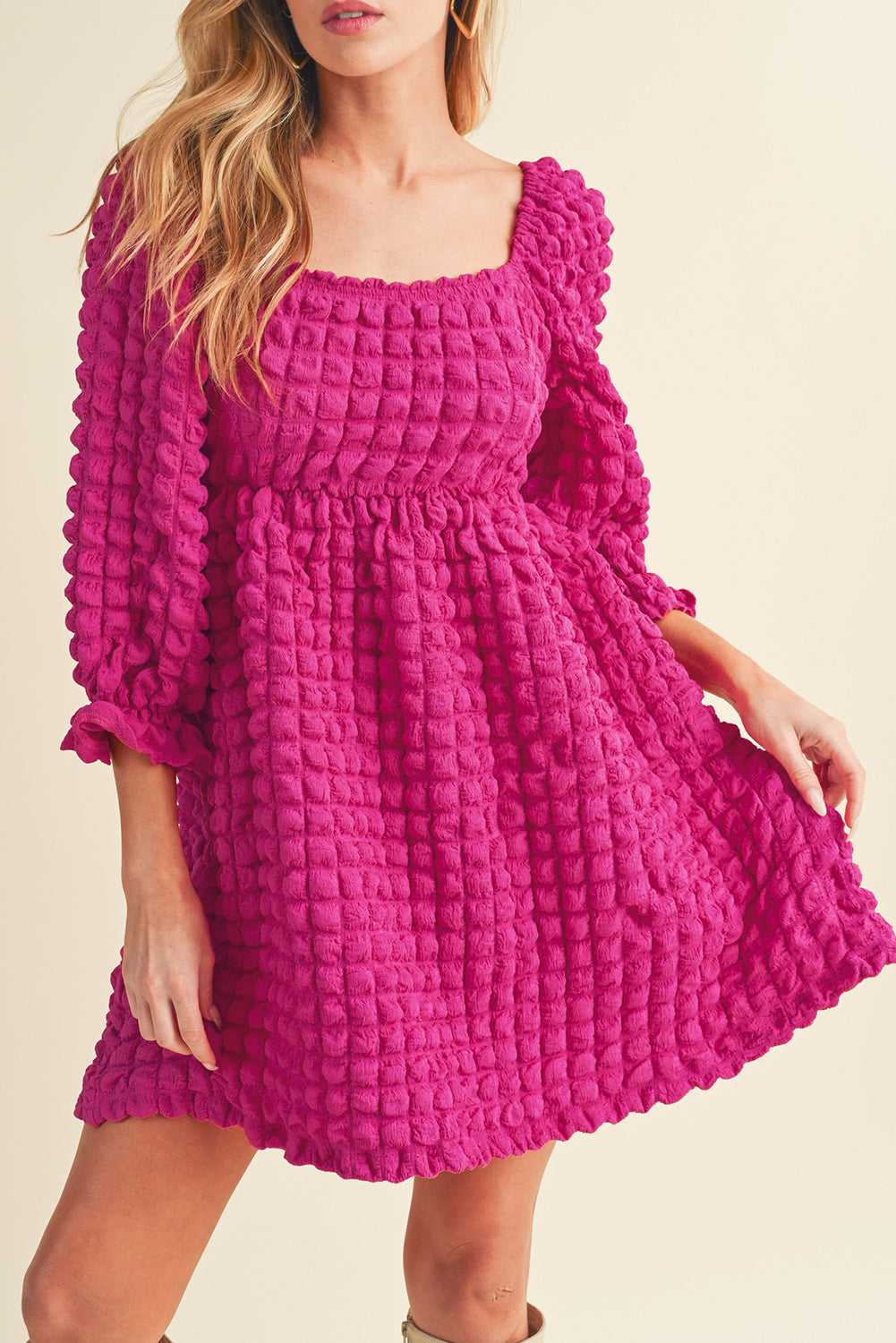 Strawberry Pink Bubble Textured Square Neck Babydoll Dress - Eloy Royal