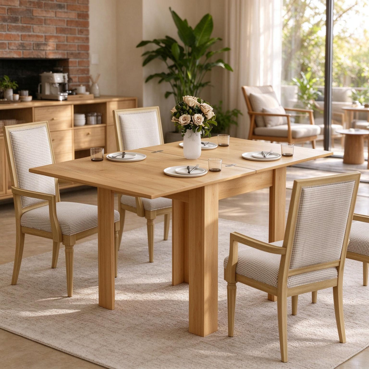 Extendable Wooden Dining Table, Foldable Drop Leaf Kitchen Table, Square to Rectangular Convertible Dinner Table for Small Space Dining Room(Only 1PCS Dining Table)