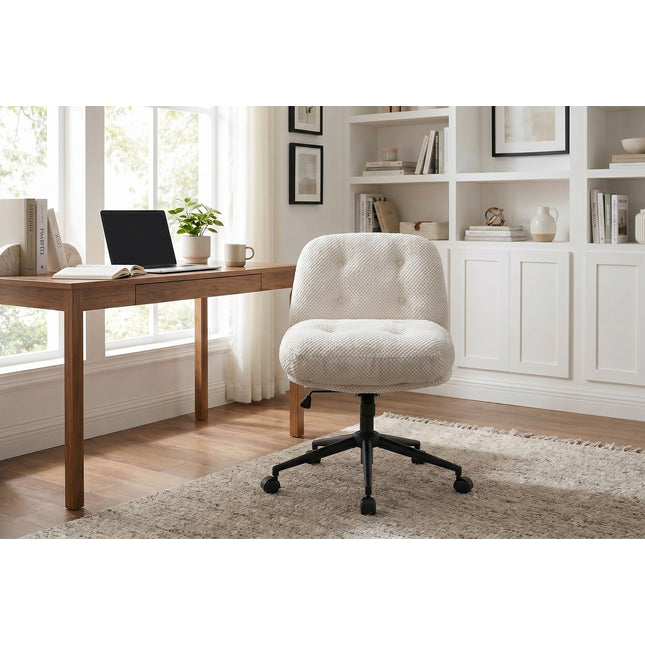 Cross Legged Office Chair No Arms, Adjustable Swivel Wider & Thickened, Ergonomic Desk Chair for Home Office, Vanity,White