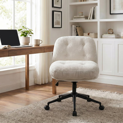 Cross Legged Office Chair No Arms, Adjustable Swivel Wider & Thickened, Ergonomic Desk Chair for Home Office, Vanity,White