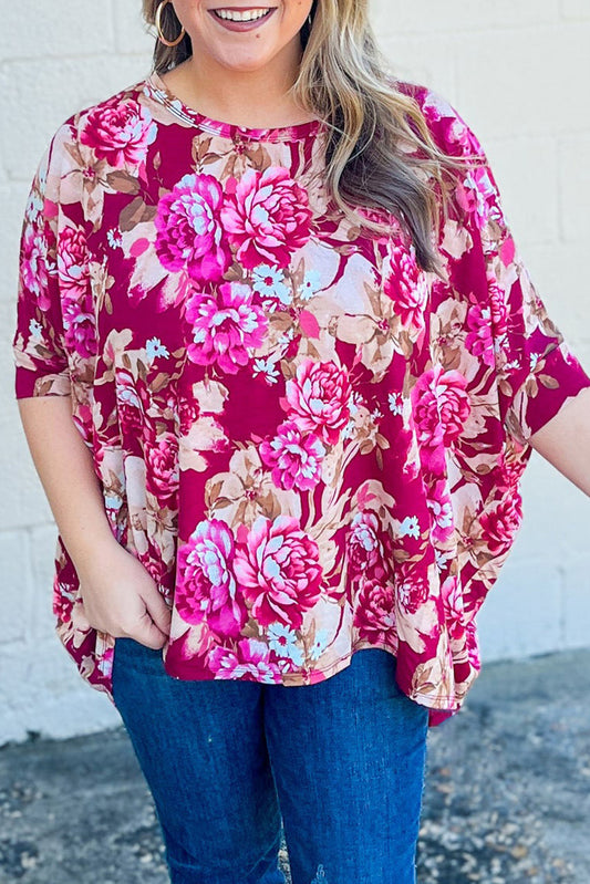 Red Plus Size Floral Print Half Sleeve Blouse - Eloy Royal