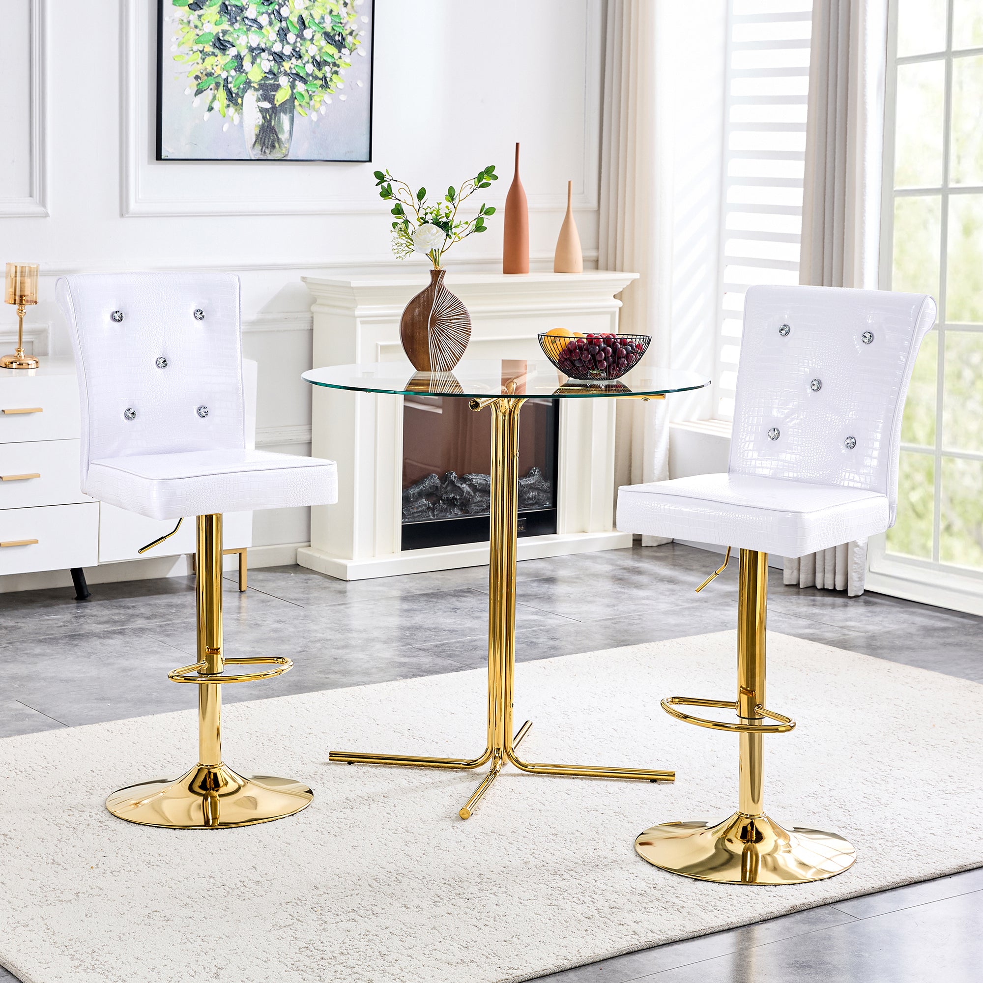 Modern Bar Table and Stools Set, Round Glass Top Pub Table with Gold Chrome Base & 2 White Crocodile Embossed PU Leather Bar Stools with Adjustable Height & Swivel, Home Bar Bistro Set