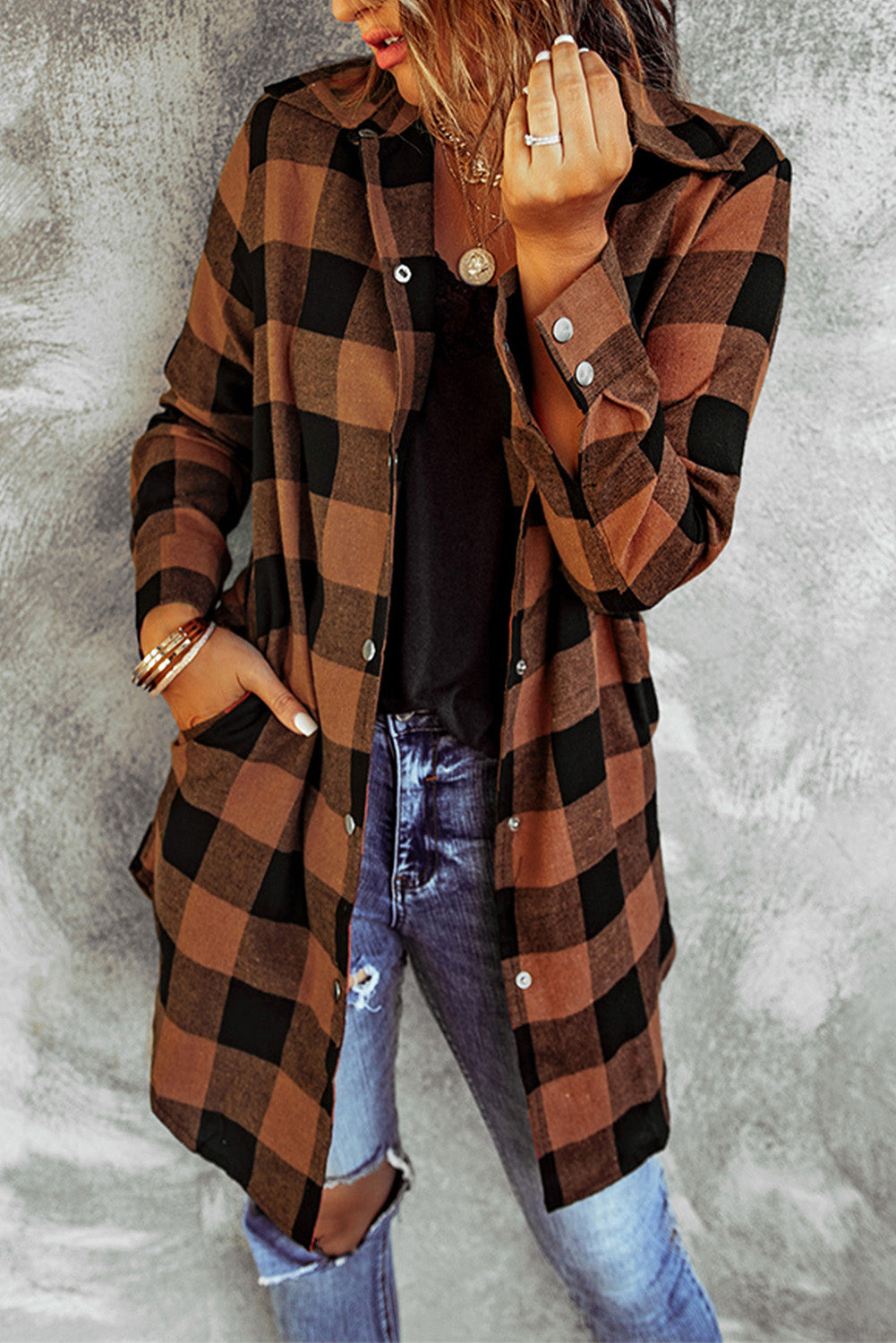 Wholesale Brown & Black Plaid Collared Botton Down Long Shirt Shacket - Eloy Royal