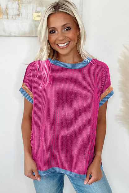 Bright Pink Textured Contrast Color Round Neck T Shirt - Eloy Royal