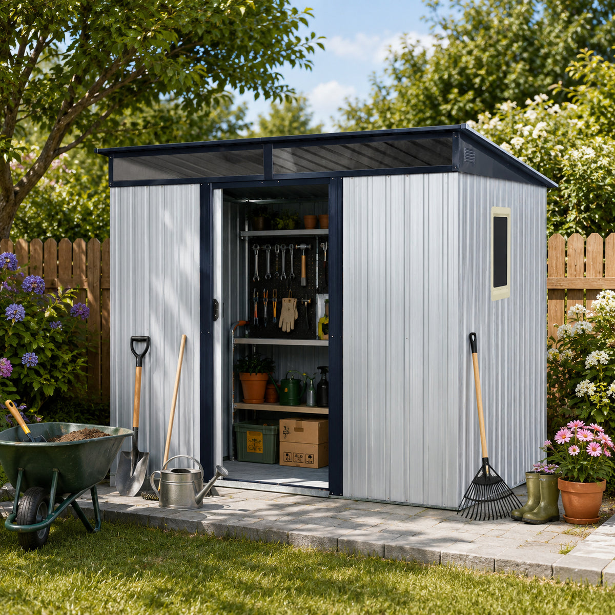 8 ft x 6 ft Outdoor Metal Storage Shed with Window and Transparent plate for Garden, Lawn (White and Black)(W540P185323)