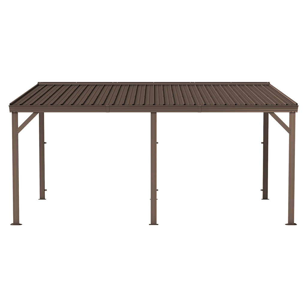 10'x16' Hardtop Lean to Gazebo with Gutters, Connectable Wall Mounted Gazebo Pergola with Galvanized Steel Roof, 60MPH Wind Resistance, Outdoor Large Metal Canopy, for Patio, Deck, Lawn - Brown