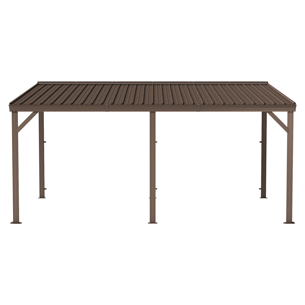 10'x16' Hardtop Lean to Gazebo with Gutters, Connectable Wall Mounted Gazebo Pergola with Galvanized Steel Roof, 60MPH Wind Resistance, Outdoor Large Metal Canopy, for Patio, Deck, Lawn - Brown