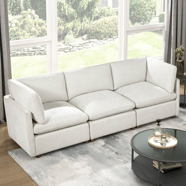Modern Modular Sofa Beige Chenille Upholstered 3-Seater Sofa Durable Solid Wood Frame Living Room Furniture 1pc