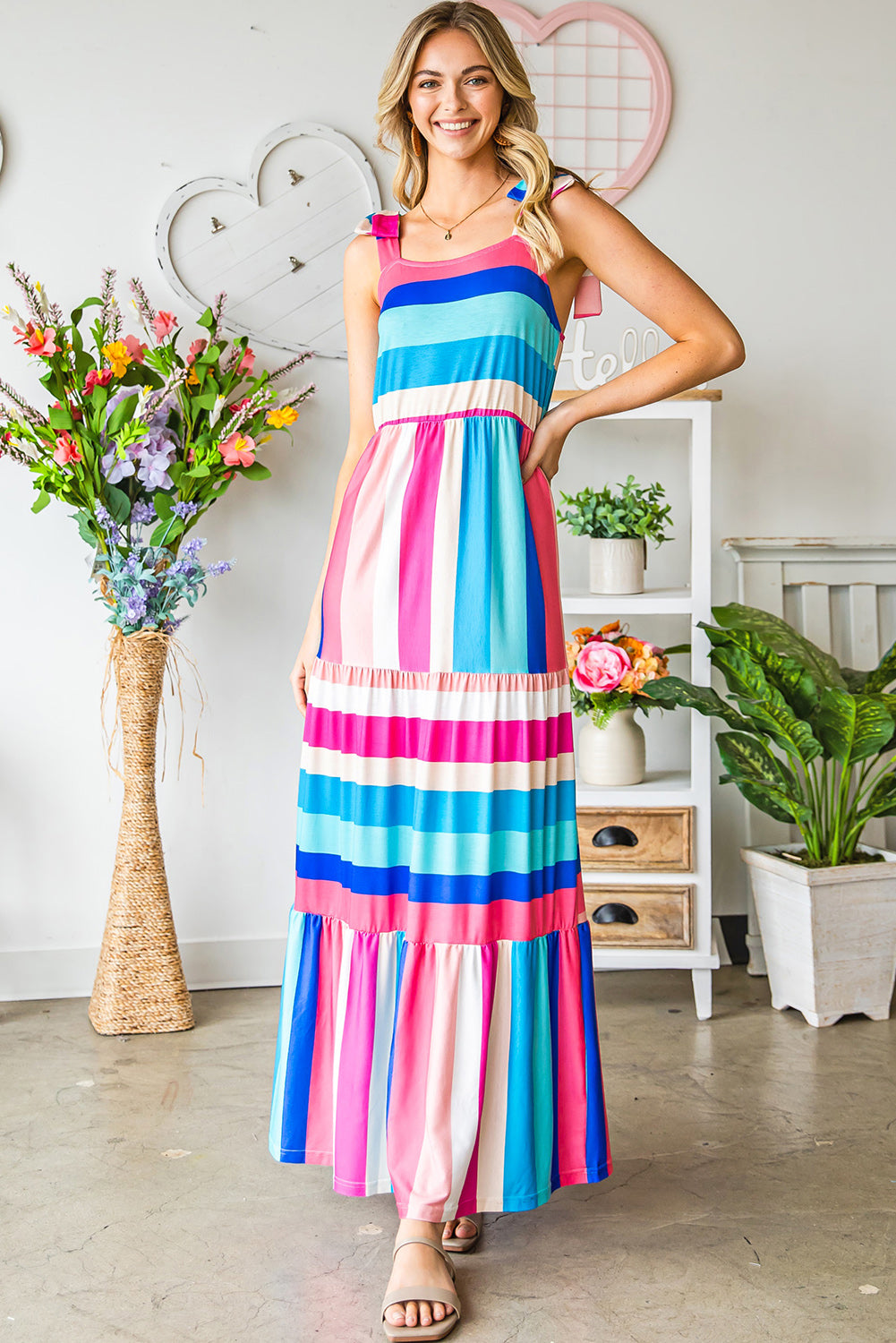 Multicolor Striped Print Bow Knot Straps Sleeveless Maxi Dress - Eloy Royal