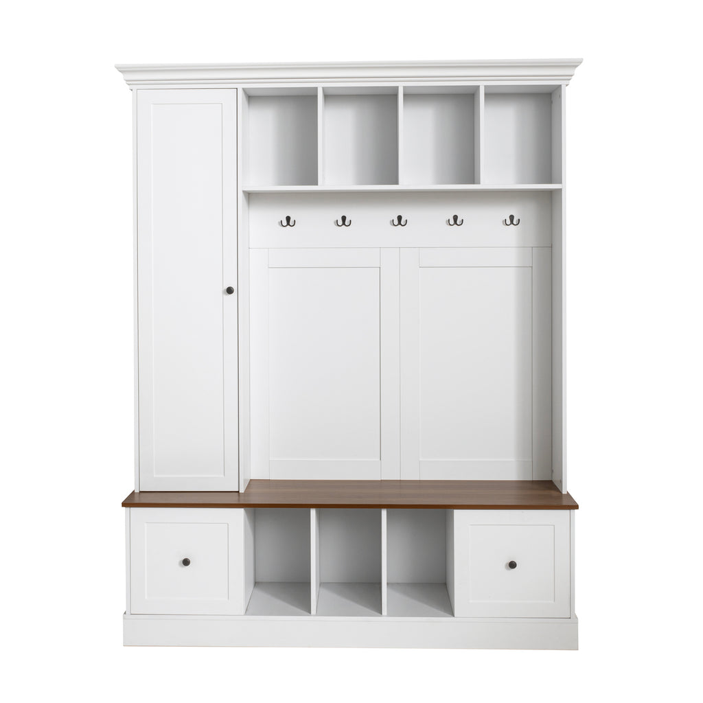 62.2''W Farmhouse Hall Tree with Shoe Storage Bench, Entryway Coat Rack with 5 Hooks, Adjustable Shelf Cabinet with Drawers for Hallway, Entryway, Living Room