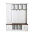 62.2''W Farmhouse Hall Tree with Shoe Storage Bench, Entryway Coat Rack with 5 Hooks, Adjustable Shelf Cabinet with Drawers for Hallway, Entryway, Living Room