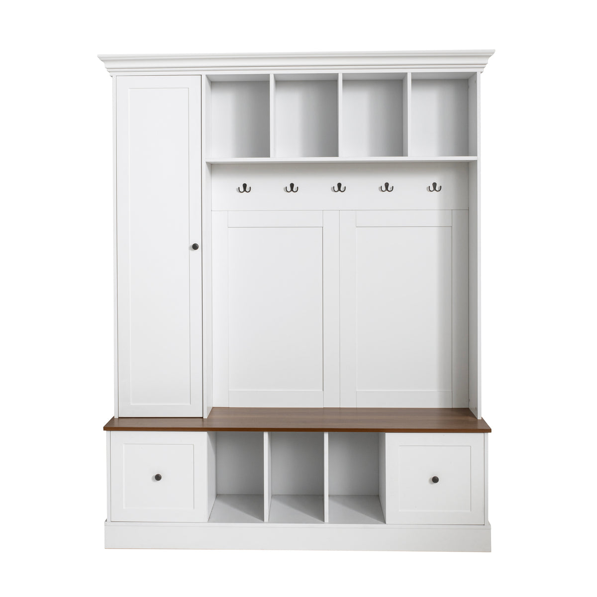 62.2''W Farmhouse Hall Tree with Shoe Storage Bench, Entryway Coat Rack with 5 Hooks, Adjustable Shelf Cabinet with Drawers for Hallway, Entryway, Living Room