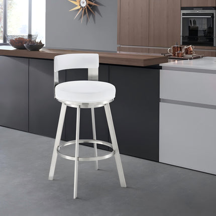Nylun 26' Swivel Counter Stool in Brushed Stainless Steel with White Faux Leather