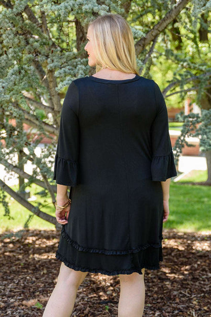 Black Plus Size Ruffled Trim 3/4 Sleeve Dress