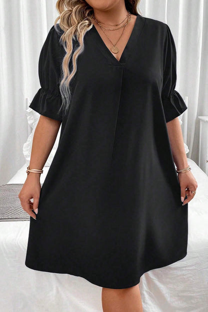 Black Ruffled Puff Sleeve V Neck Plus Size Mini Dress - Eloy Royal