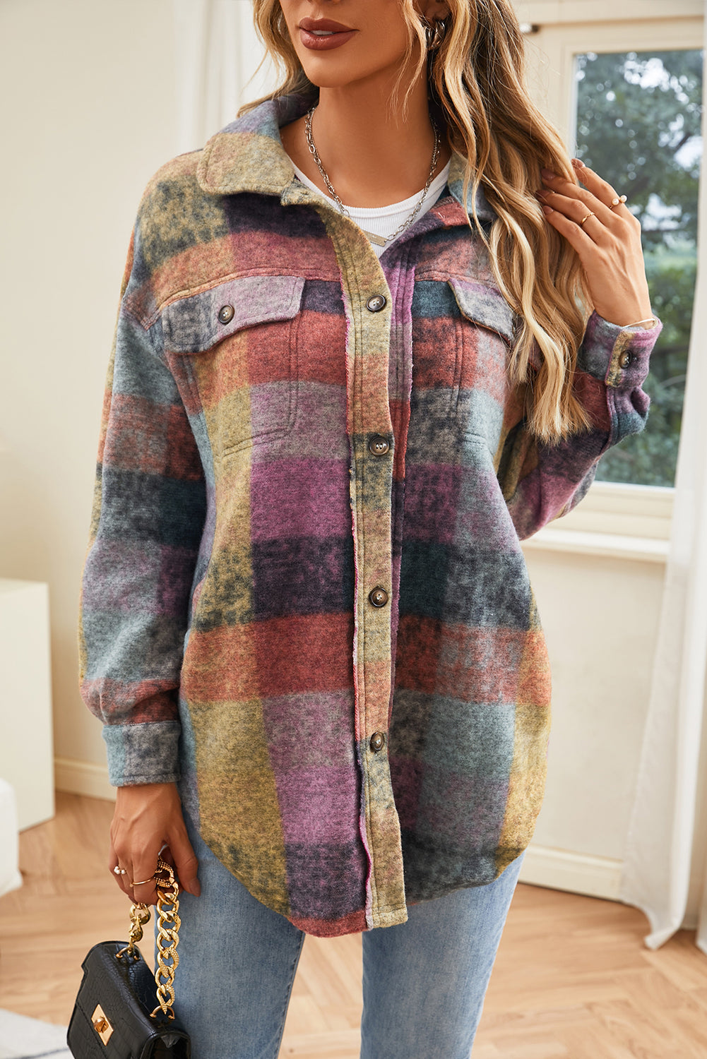 Multicolor Brushed Plaid Pocketed Oversize Shacket - Eloy Royal