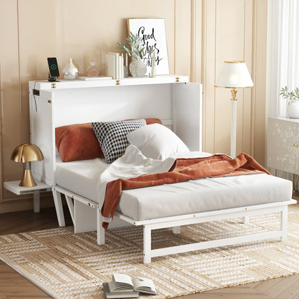 Full Size Murphy Bed with USB Port and Removable Shelves on Each Side, Solid Pine Murphy Cabinet Bed for Home Office, Guest Room,White