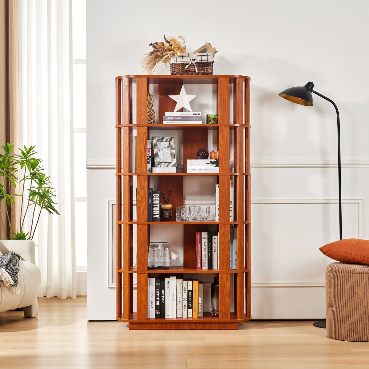 Wooden Oval Open Bookshelf, MDF Grid Frame Freestanding Bookcase, 5-Tier Easy Assembly Storage Display Rack for Living Room Home Office Decor, DIY Free Combination Storage Cabinet Study Room