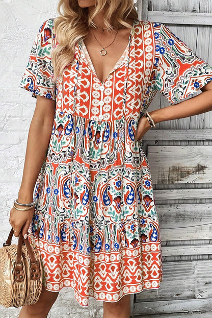 Orange Bohemian Tie Neck Flounce Sleeve Ruffle Hem Mini Dress - Eloy Royal