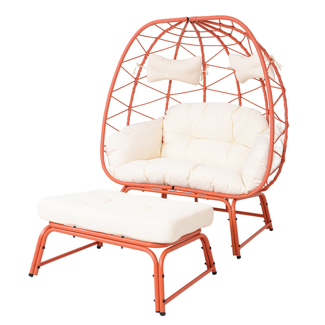 Double Patio Egg Chair with Ottoman, Wicker Outdoor Egg Chair with Cushion, 2 Person Lounge Chair with Footrest for Balcony, Garden and Backyard