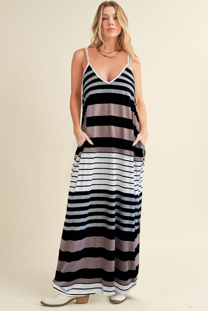 Multicolour Stripes Spaghetti Straps V Neck Maxi Dress - Eloy Royal