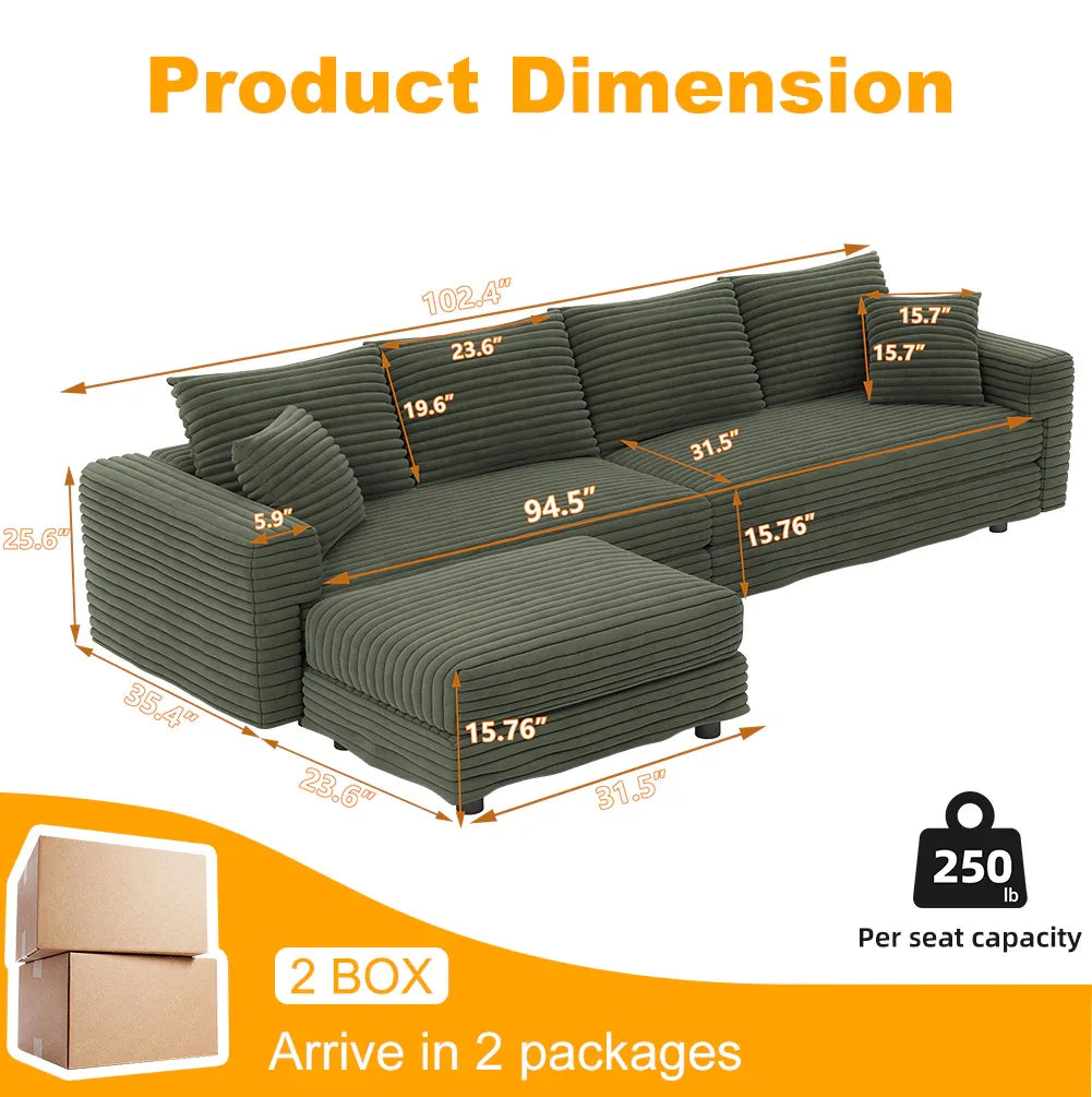 102.4 'Plush Corduroy 4-Seat Sofa,Modern Comfy Upholstered Sofa Cloud Couch,Deep Seat Couches with Soft Pillows and Movable Ottoman,Convertible Sofa Lounge Chair,for Living Room,Apartment,Office,Green - Eloy Royal