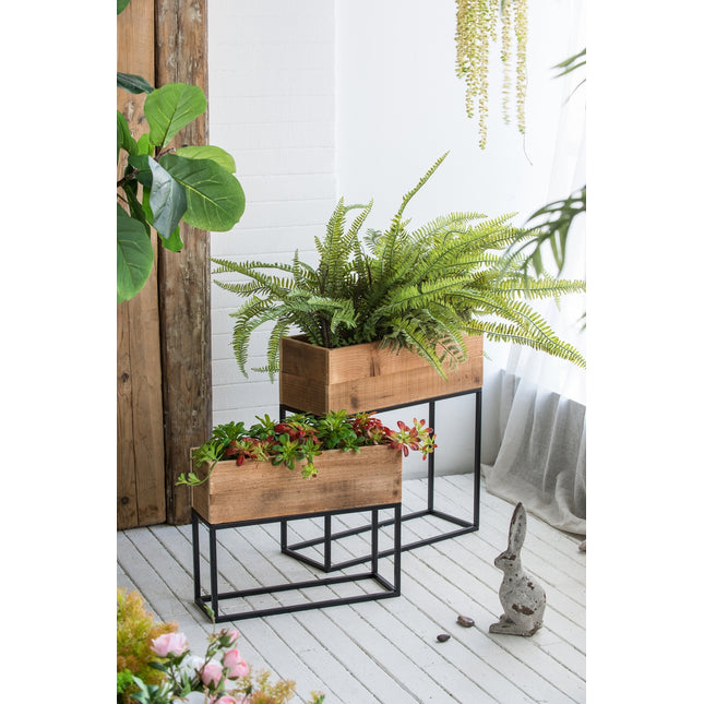 Set of 2 Used Wood Box With Black Iron Stand, L:21.5x8.5x23.5' S:19.5x6.5x16'