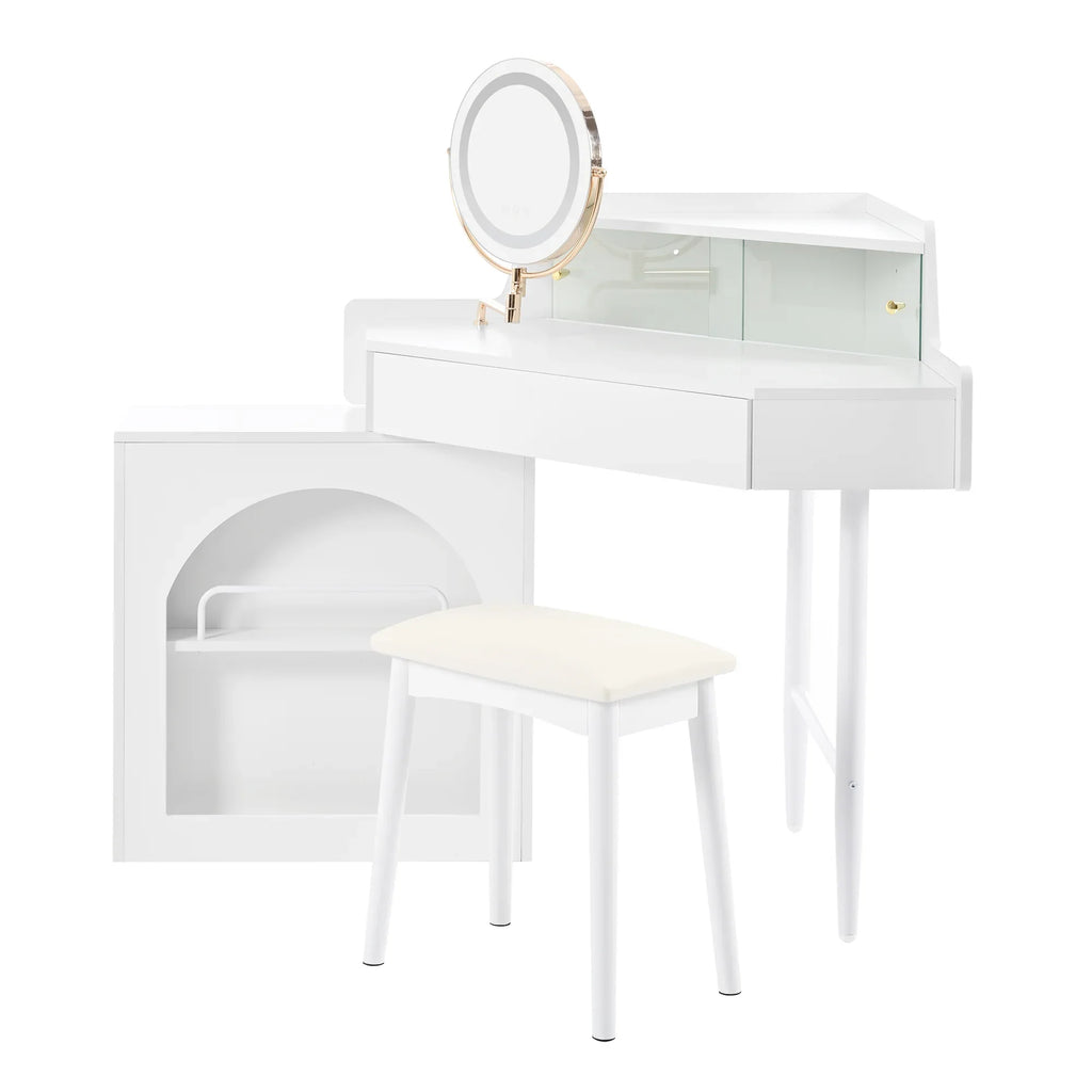 Corner Makeup Vanity Desk With Mirror & LED Lights, Modern Vanity Set With Mirror And Stool, Dressing Table With Large Storage For Small Place, Brightness Adjustable Folding Mirror, White - Eloy Royal