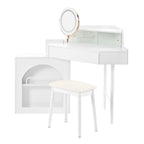 Corner Makeup Vanity Desk With Mirror & LED Lights, Modern Vanity Set With Mirror And Stool, Dressing Table With Large Storage For Small Place, Brightness Adjustable Folding Mirror, White - Eloy Royal