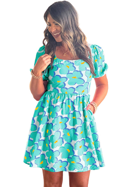 Green Floral Print Puff Sleeve Babydoll Short Dress - Eloy Royal