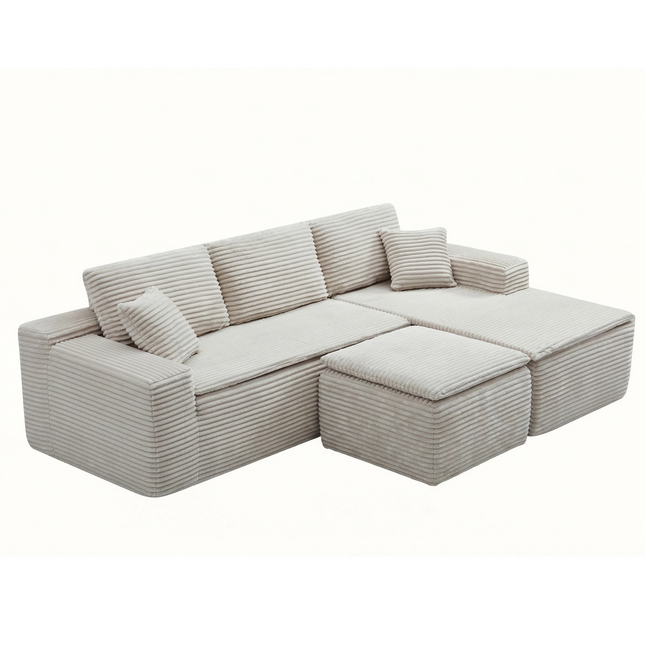 106.5' L-Shaped Corduroy Upholstered 3-Seat Lounge Sofa with Seat Cushion&Ottoman, Right Hand Facing