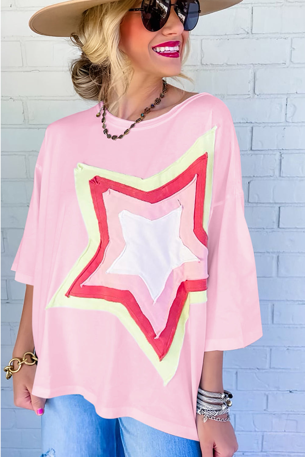 Light Pink Colorblock Star Patched Half Sleeve Oversized Tee - Eloy Royal