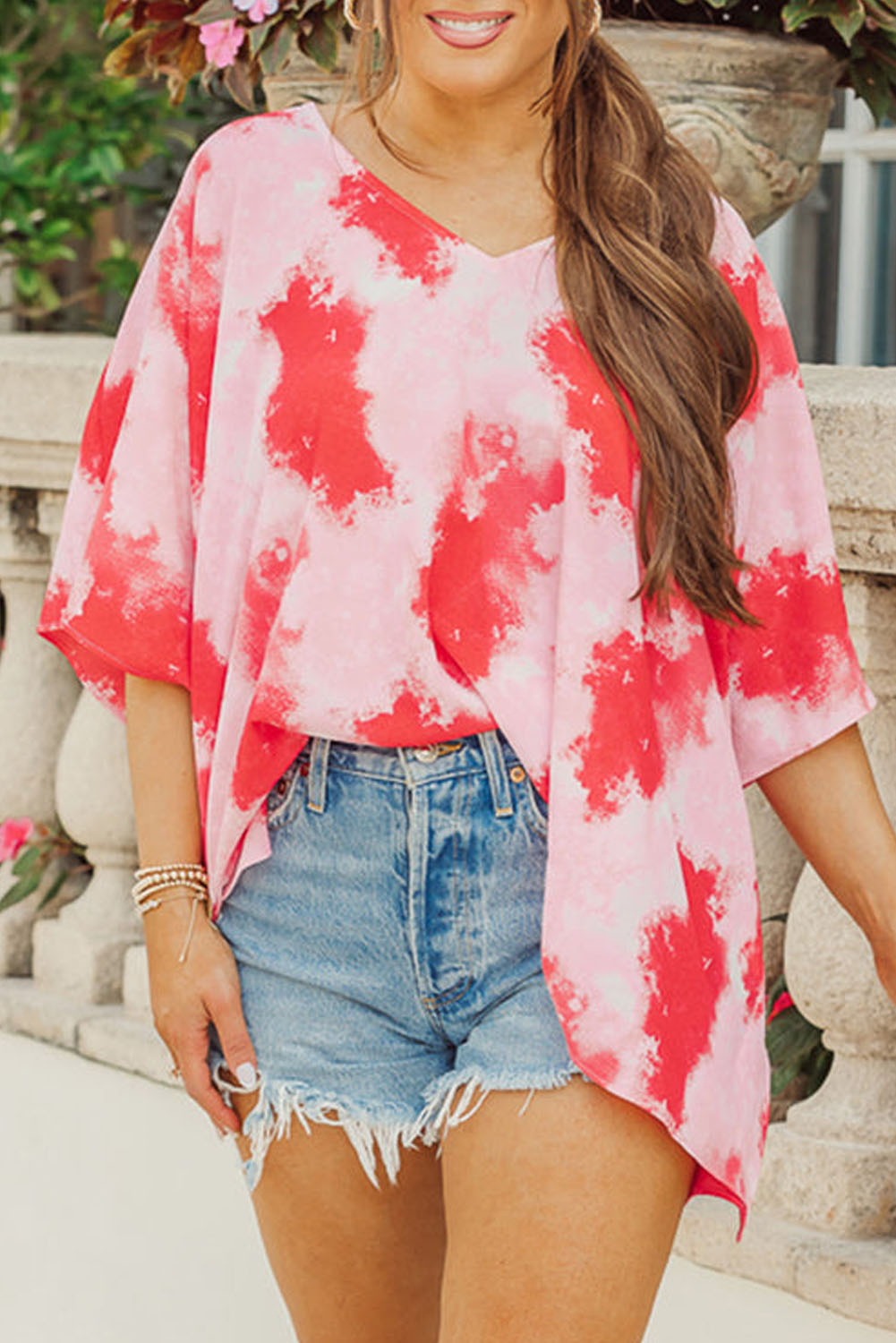 Wholesale Red Plus Size Tie Dye Print 3/4 Sleeve Tunic Top - Eloy Royal