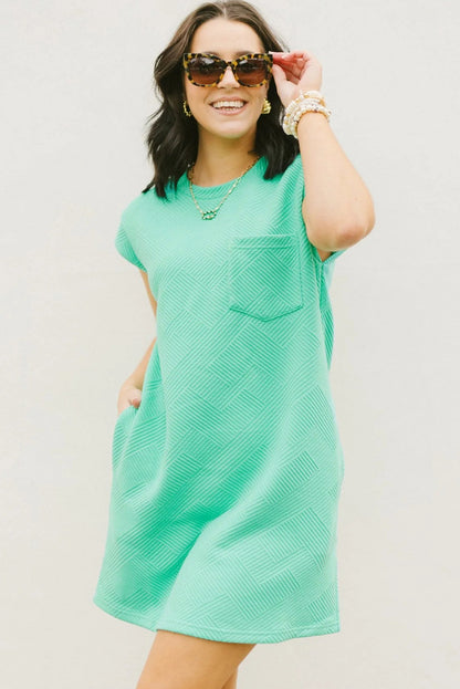 Mint Green Plain Textured Pocketed Mini Dress - Eloy Royal