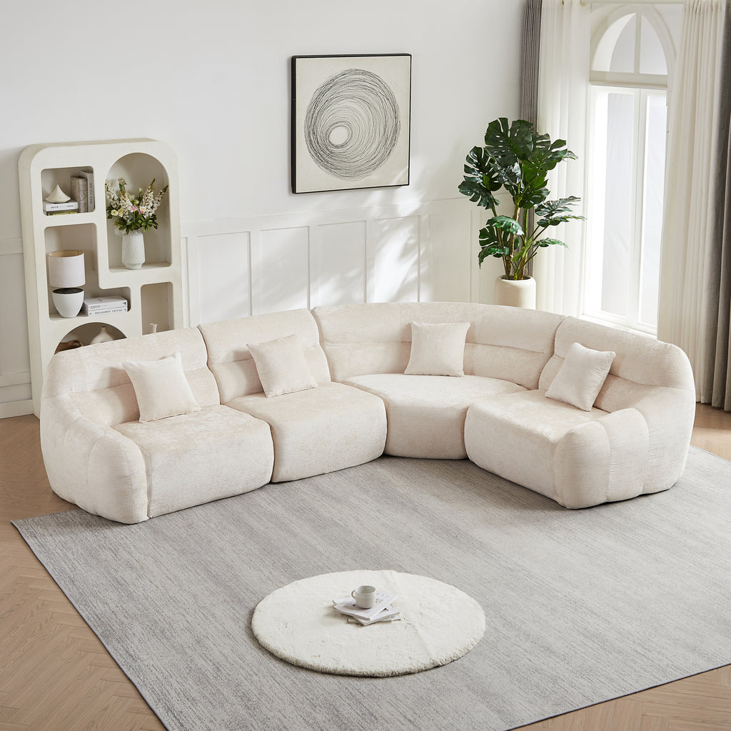 123.2 -inch Modern Luxury Curved Corner Sectional Sofa, Chenille Modular Cloud Sofa, Four Pillows, High-Back Oversized Four-Seater Living Room Sofa,No Assembly Required,beige