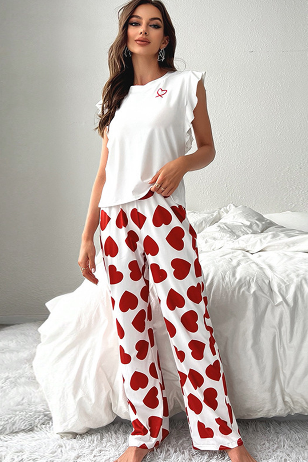 Pink Heart Print Ruffle Sleeveless Top and Pants Pajama Set