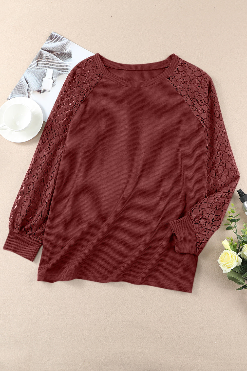 Strawberry Pink Plus Size Contrast Lace Sleeve Waffle Knit Top - Eloy Royal