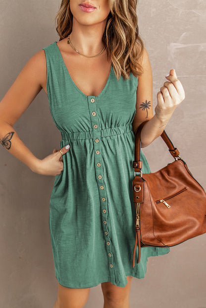 Green Sleeveless Button Front Short Basics Dress - Eloy Royal