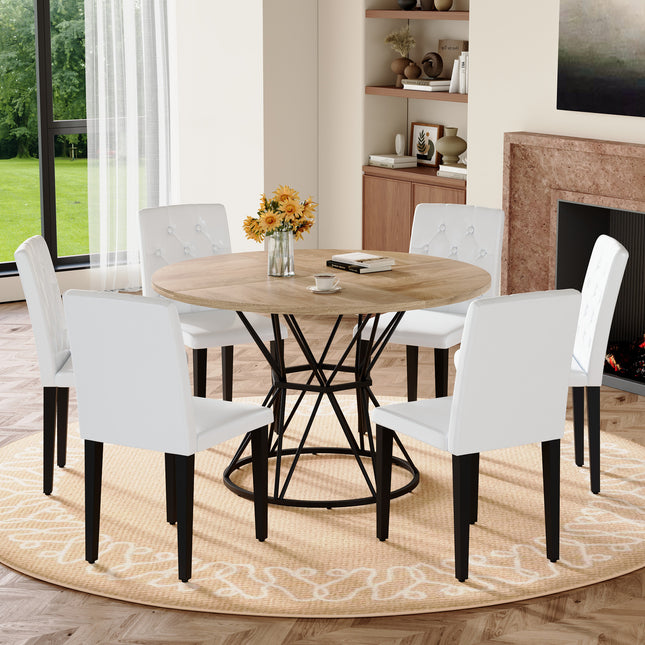 Table and chair set. A circular wood MDF dining table with a diameter of 47.3 inches,black hourglass shaped metal brackets.Paired with 6 white PU dining chairs: ergonomic buckle backrest.