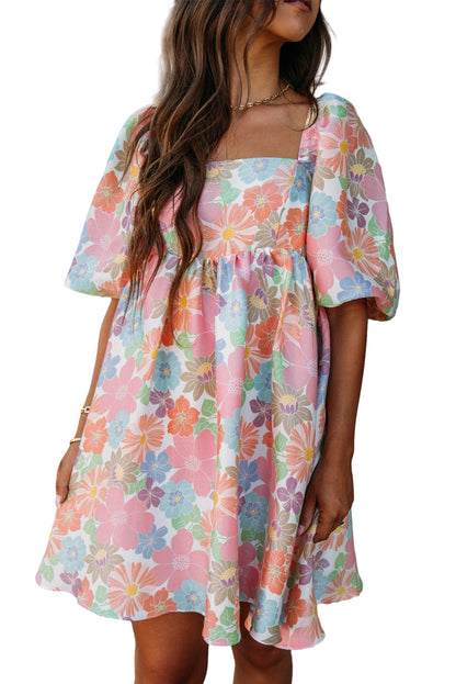 Rose Summer Floral Square Neck Puff Sleeve Babydoll Dress - Eloy Royal