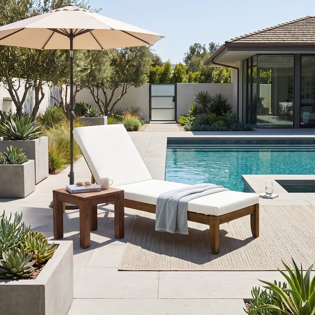 Adjustable Outdoor Patio Lounge Chair Acacia Wood Outdoor Chaise Lounge with Weather-Resistant Pool Lounge Chair for Patio, Backyard, Deck, Poolside, Garden, Walnut+Beige Cushion