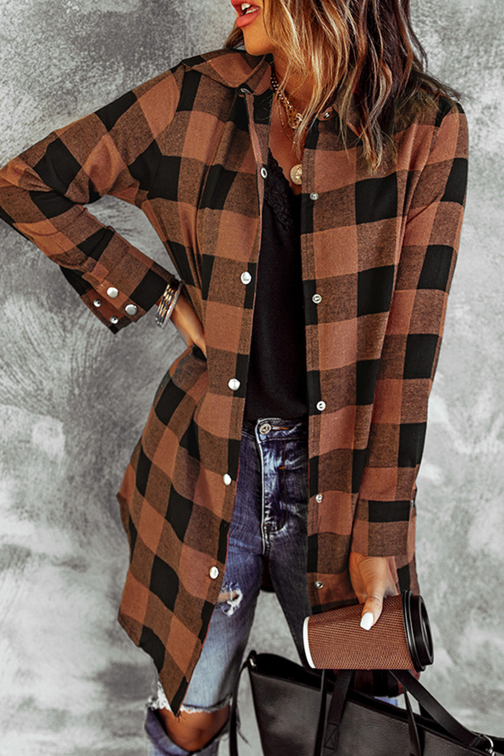 Wholesale Brown & Black Plaid Collared Botton Down Long Shirt Shacket - Eloy Royal