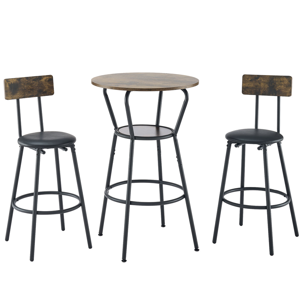 Rustic Brown Round Bar Table and Stool Set with Shelf, Upholstered Stool with Backrest, Metal & Wood, 24.17'W x 24.17'D x 36.02'H