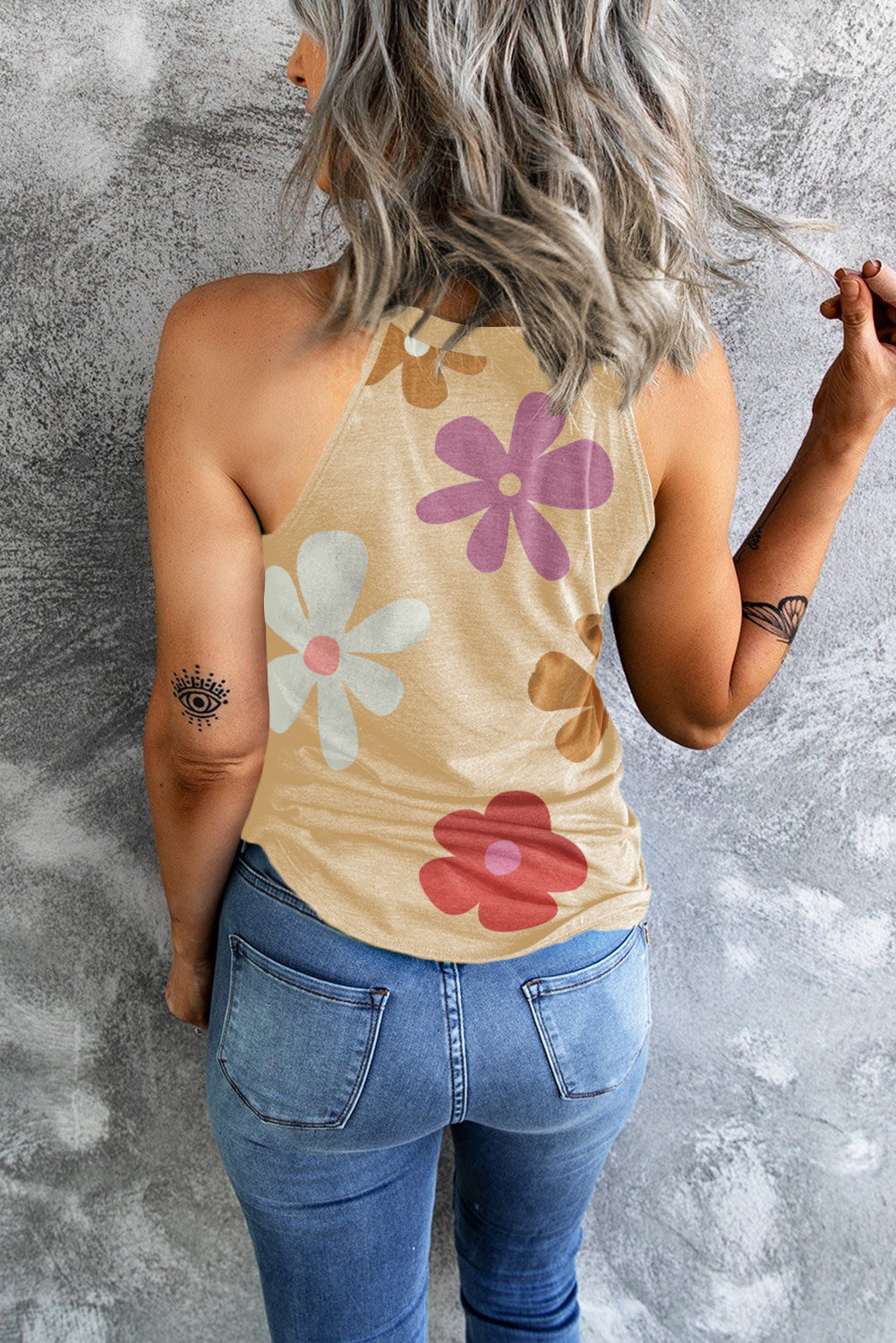 Khaki Flower Print O Neck Summer Tank Top - Eloy Royal