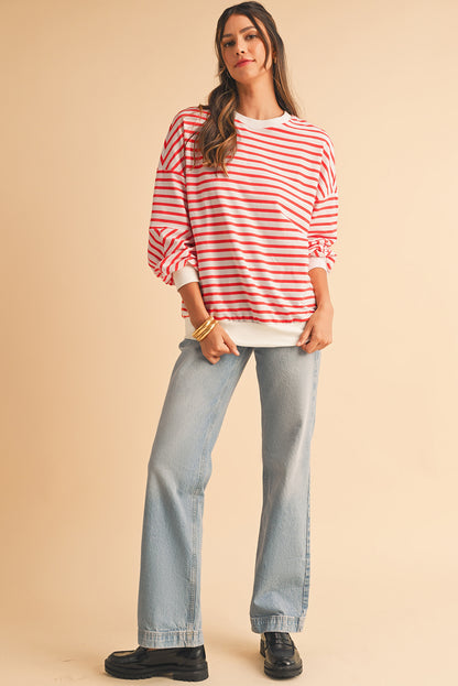 Blue Stripe Drop Shoulder Crew Neck Loose Sweatshirt