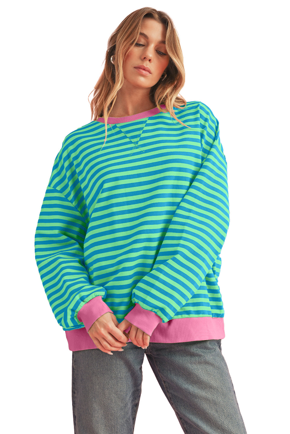 Green Stripe Contrast Edge Oversized Sweatshirt