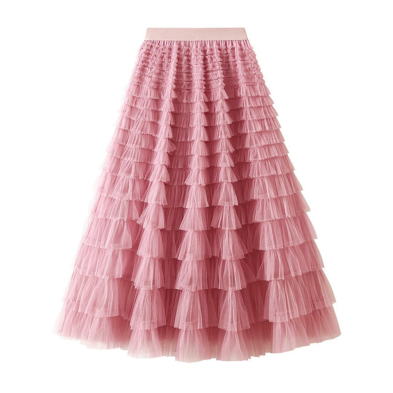 A-Line Mesh Ruffle Skirt Women's Temperament Sweet Long Skirt Slim Cupcake Dress Womens Clothing.