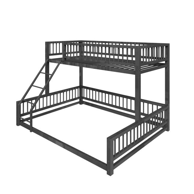 Black Twin XL over Queen Metal Bunk Bed Frame with Ladder and Guardrails, Easy Assembly