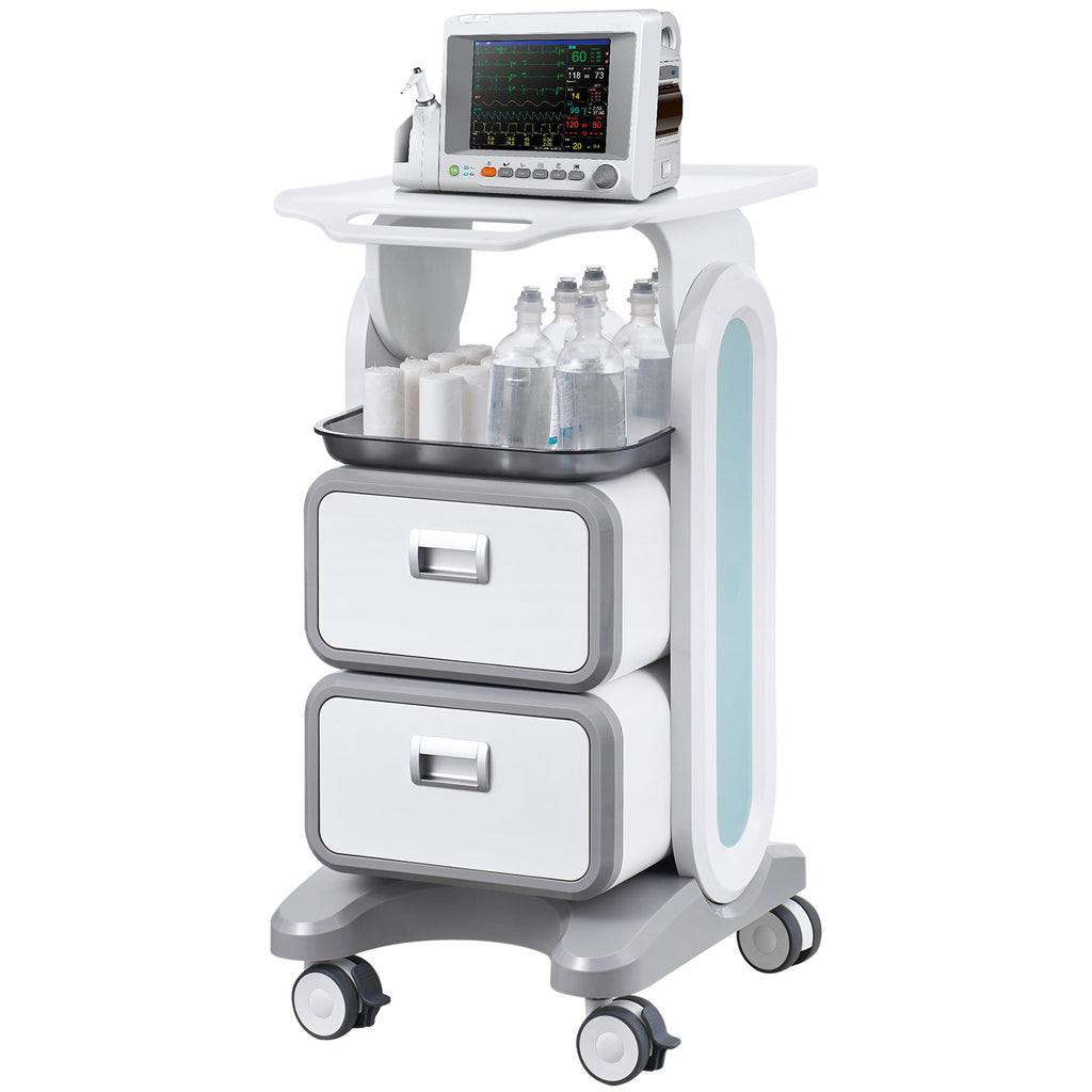 3 Tiers Lab Carts Mobile Medical Cart with 2 Drawers & 1 Top Tray White, Trolley Storage Cart with ABS Material, Lab Rolling Cart with 4 Silent Wheels for Lab, Clinic, Hospital, Salon, Office