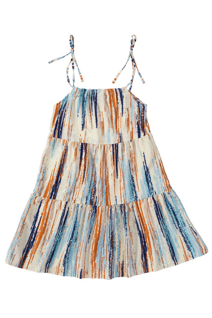 Multicolor Abstract Print Tie Shoulder Spaghetti Strap Tiered Dress - Eloy Royal